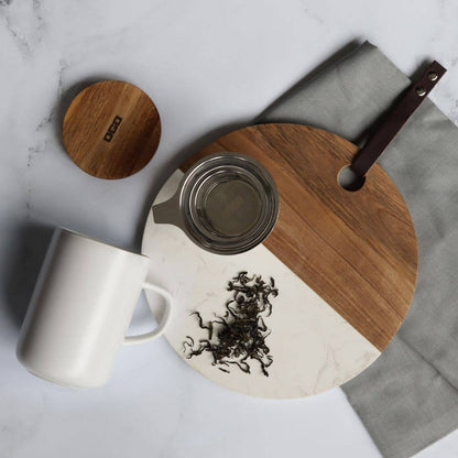 White stoneware tea pot with acacia lid