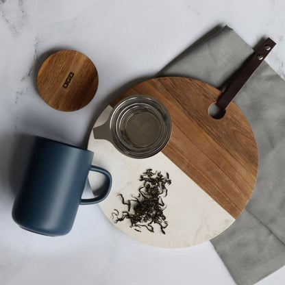 Blue stoneware tea pot with acacia lid